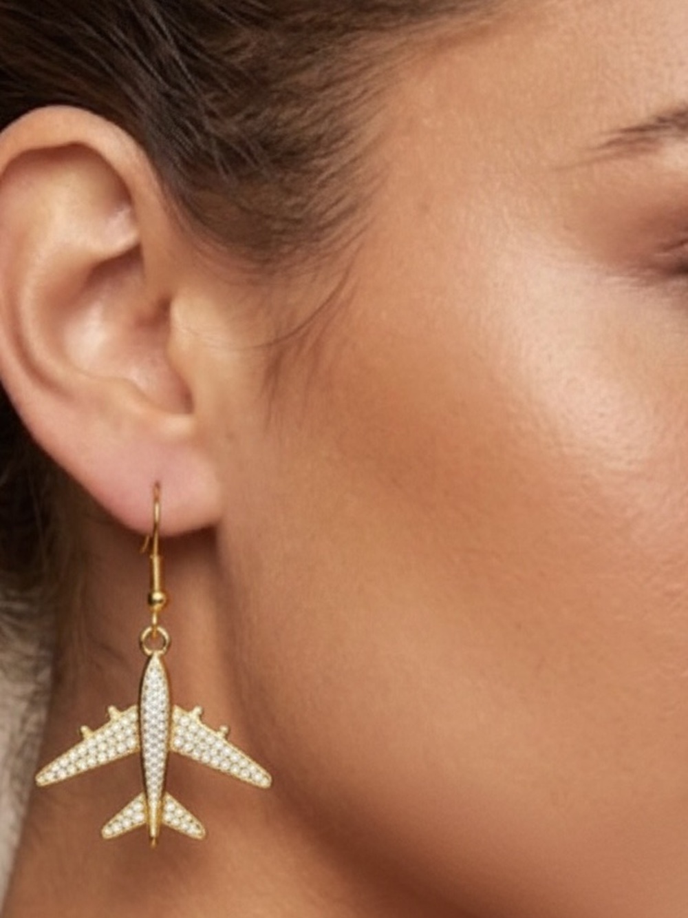 Gold tone Airplane Drop Earrings with Crystals - Women’s Jewelry